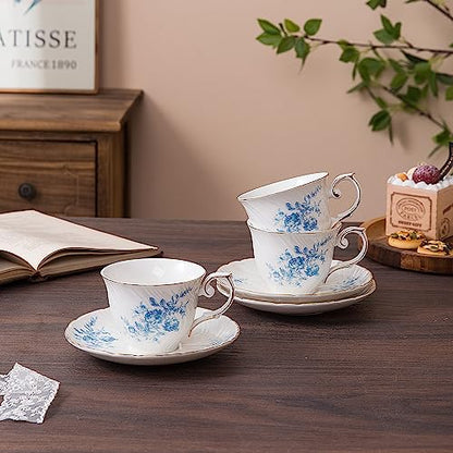 Agyiuns tea cups and saucers ceramic coffee mug 6oz for Coffee, Latte, Cafe Mocha and Tea-Set of 4,Blue - color: White with blue flowers