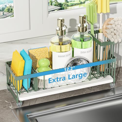 Cisily Extra Large Sink Caddy Organizer with Drying Stone, Sage Green Sponge Holder for Kitchen, Dish Brush Holder for Countertop, Kitchen Decor Storage and Essentials - color: Sage Green