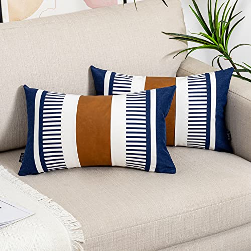 Set of 2 Navy Blue and White Stripe Throw Lumbar Pillow Covers 12x20 inch,Faux Leather Modern Accent Boho Cushion Cover for Couch Living Room Bedroom - color: Navy Blue, size: 20" x 12" (Pack of 2)