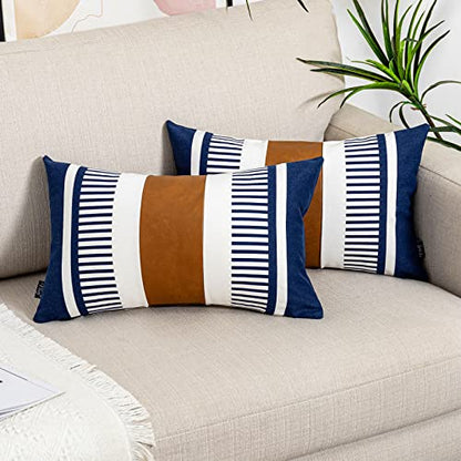 Set of 2 Navy Blue and White Stripe Throw Lumbar Pillow Covers 12x20 inch,Faux Leather Modern Accent Boho Cushion Cover for Couch Living Room Bedroom - color: Navy Blue, size: 20" x 12" (Pack of 2)