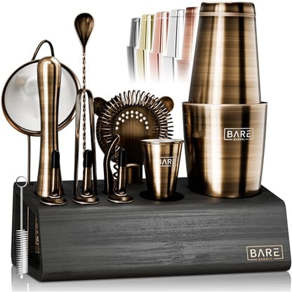 BARE BARREL® Mixology Bartender Kit Bar Set | 14-Piece Cocktail Shaker Set | Martini Barware Mixing Tools for Home Bartending | Incl. 35 Recipe Cards | Gift Set (28oz Boston Shaker, Brass/Black) - color: Brass/Black