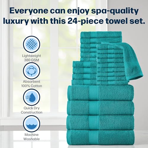 24-Piece Set of Towels, Lightweight 380 GSM Cotton Towels, Quick Drying, Absorbent Hand Towels, Fingertip Towels, Bath Towels, & Washcloths, Teal Blue - color: Teal Blue