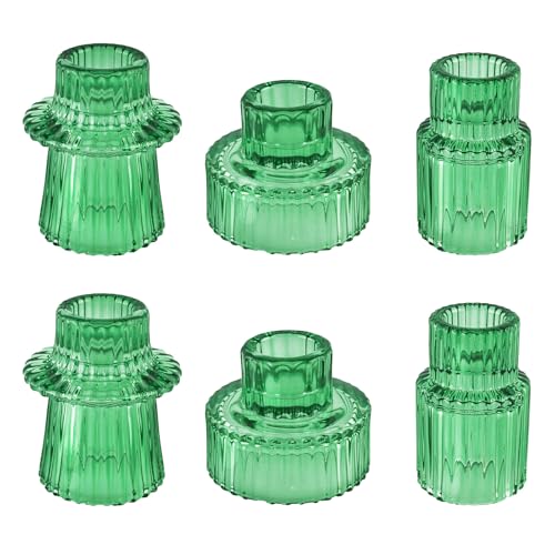Glass Candlestick Holders, Taper Candle Holders, Set of 6, Green | Double-sided ribbed glass taper candle holders for wedding centerpieces, parties, Christmas,St. Patrick’s Day, and home decor - color: Green, size: 6 PCS