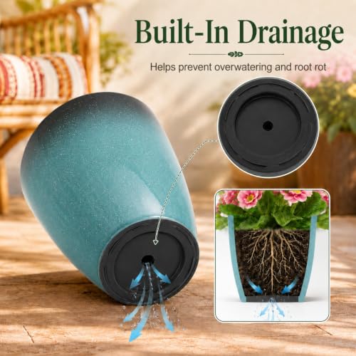 Neoaider Set of 3 Tall Planter, 24/21/12in Large Plastic Planter, Sky Blue | Ceramic-Look, Lightweight, Built-in Drain Hole, Saucers, Tall Outdoor Planter for Porch, Garden, Patio, Balcony - color: Sky Blue