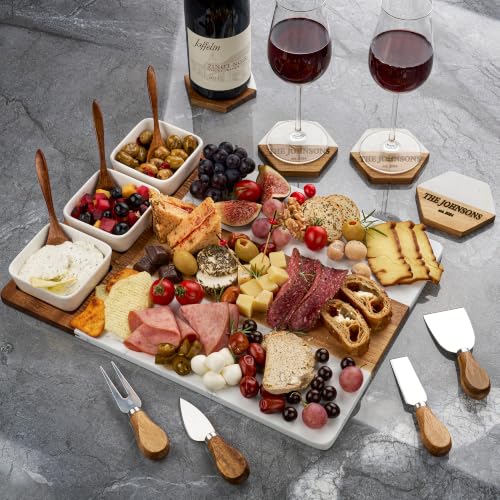 AWESOMETIK Personalized Corporate Gift, Client Gifts, Acacia Wood & Marble Charcuterie Board – Engraved Cheese Board Set – Realtor Closing, Employee Appreciation, Custom Company Gifts, Thank you Gifts