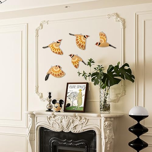 Vumyhuby 5-Piece Yellow Wooden Bird Wall Art, Rustic Folk Flying Bird Decor - color: Yellow
