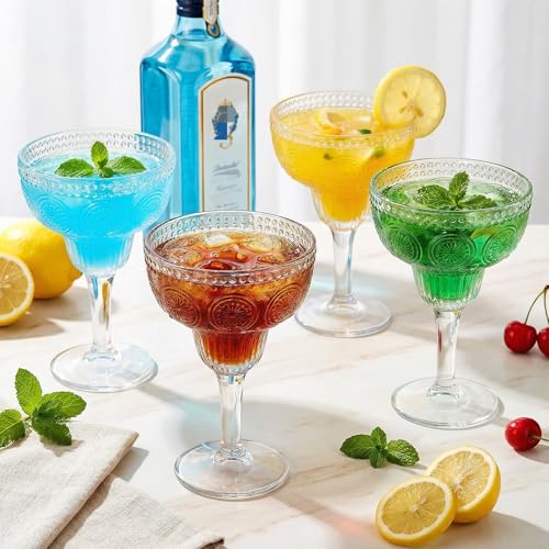 Pumtus 4 Pack 12 OZ Margarita Glasses, Vintage Clear Glass Coupe Cocktail Drinkware, Large Embossed Floral Stemmed Champagne Cup, Thick Manhattan Bar Glassware for Martini, Wine, Frozen Drinks
