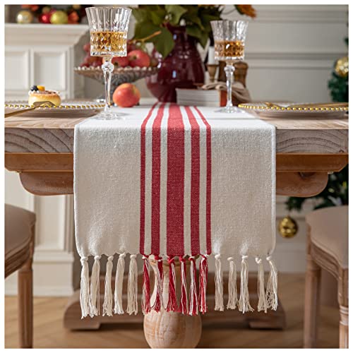 Caflife Christmas Table Runner 13 x 90 Inch for Dining Table, Boho Christmas Decorations Coffee Table Runner with Handcrafted Tassels, red and Beige Stripe Table Runner for Holiday, Winter - color: Red Beige, size: 13x90Inch