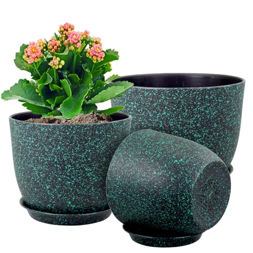WSMKSZ Large Flower Pots 12/10/9 inch, Set of 3 Decorative Plastic Planters with Drainage Holes and Saucers for Garden House Plants, Plant Pots for Indoor Outdoor Plants, Black with Green Speckles - color: Black With Green Speckles, size: 12"+10"+9"