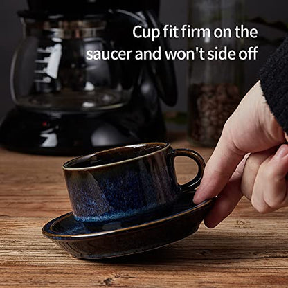 JIEMEI HOME Porcelain Stackable Espresso Cups with Saucers and Metal Stand,4 Ounce Demitasse Cups for Coffee Drinks, Latte, Tea - Set of 6, Stackable Espresso Mugs, Reactive Glaze, Bule - color: Reactive Glaze Blue