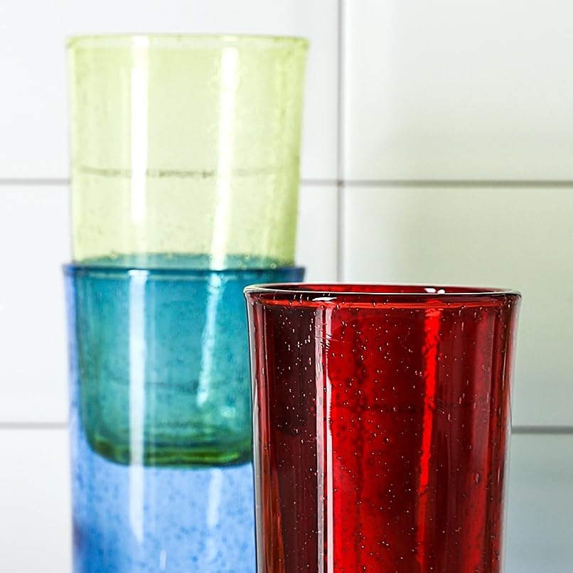 Hand Blown Glass Tumblers, Colored Bubble Water Glasses, 8 Oz, Set of 4