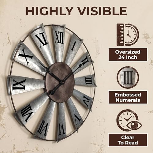 Mrocioa Windmill Distressed Metal Wall Clocks Rustic Large Decorative Clock Oversized Farmhouse Decor (24 inch Roman Numerals) - size: 24 inch Roman numerals