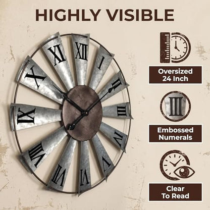 Mrocioa Windmill Distressed Metal Wall Clocks Rustic Large Decorative Clock Oversized Farmhouse Decor (24 inch Roman Numerals) - size: 24 inch Roman numerals