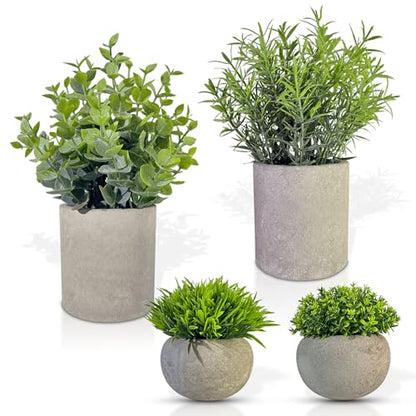 Small Artificial Plants in Pots, Faux Plants Indoor Small with Cement Pots for Desk, Shelf & Office Decor, Fake Plants Indoor Decorative Set of 4