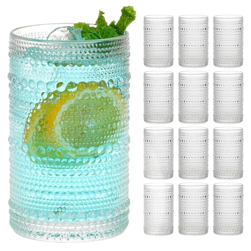 Moretoes 12 Oz Hobnail Drinking Glasses Set of 12 | Clear Highball Glasses Cups Vintage Kitchen Bar Tumbler Glassware Set for Whiskey, Beer, Juice, Milk and Various Mixed Drinks - color: Clear, size: 12pcs