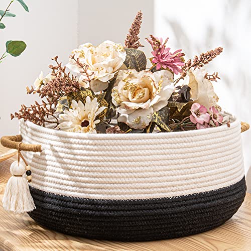 KAKAMAY Woven Baskets for Storage(16"x8"),Blanket Basket for Organizing Living Room,Cotton Rope Basket Woven Baby Laundry Hamper,Collapsible Laundry Room Organization,Clothes,Toy Chest(Black) - color: Black