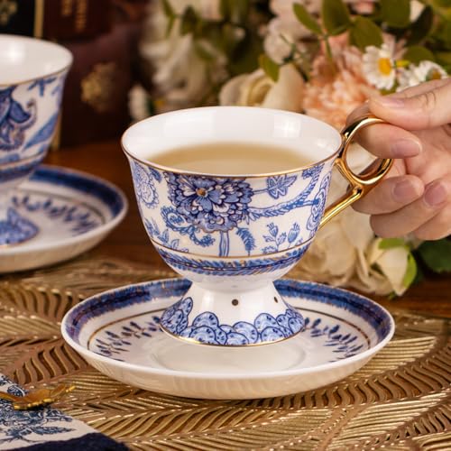 KAMMAK Tea Cups and Saucers Set of 2, Fine Bone China Coffee Cups, 572N | Stackable Espresso Mugs, Ceramic Demitasse for Coffee, Cappuccino, Latte, Americano, Tea - size: 7KPSP572N