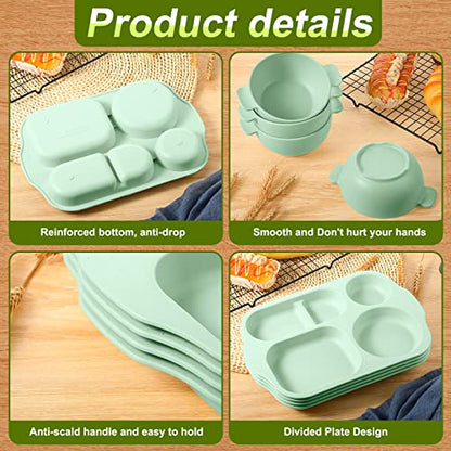 Honoson 24 Pcs Wheat Straw Dinnerware Cutlery Set, Service for 4, Unbreakable Plates and Bowls Set - Divided Plates, Bowls, Spoons, Forks & Knives, Microwave & Dishwasher Safe(Green) - color: Green