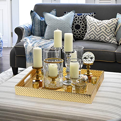 HofferRuffer Rectangle Serving Tray with Hole Handles for Coffee Table, Breakfast, Tea, Food, Butler - Countertop, Kitchen, Vanity Serve Tray, 16.2 x 12.2 x 2 inches, Faux Leather (Gold) - color: Gold