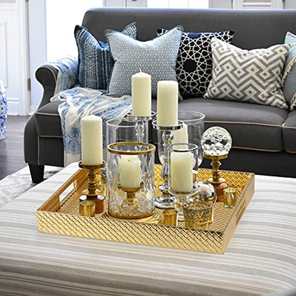 HofferRuffer Rectangle Serving Tray with Hole Handles for Coffee Table, Breakfast, Tea, Food, Butler - Countertop, Kitchen, Vanity Serve Tray, 16.2 x 12.2 x 2 inches, Faux Leather (Gold) - color: Gold