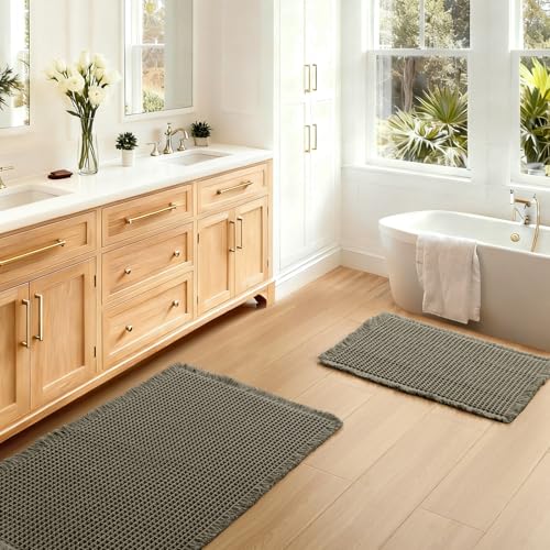 JIUZHEN Set of 2 Waffle Bathroom Rugs Non Slip Boho Bath Rugs Machine Washable Waffle Bath Mats with Rubber Backed Super Absorbent Shower Mats for Bathroom Floor, 16" x 24" +18" x 30", Olive Green - color: Olive Green, size: 16"x24" + 18"x30"