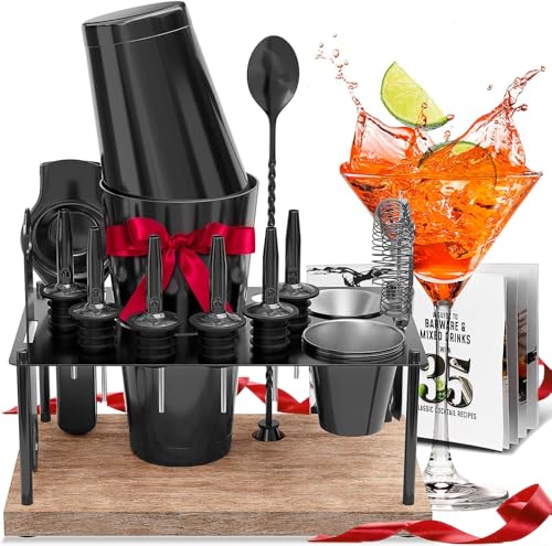 Bar Set Cocktail Shaker Set Bartender Kit, 17 Piece Black Cocktail Set, Mixology Bartender Kit with Wood Stand, Steel Cocktail Kit, Bar Accessories: 30oz Martini Shaker, Muddler, Cocktail Book & More - color: Black, size: 16 Piece + Stand