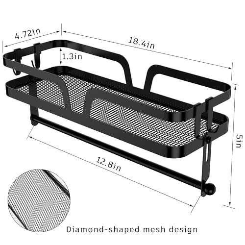 Taozun Paper Towel Holder with Shelf, Kitchen Paper Holder Spice Rack Black Paper Towel Roll Holder RV Paper Towel Rack with 4 Hooks(2 Installation Methods - Self-Adhesive and Drilling) - style: SP004 Black