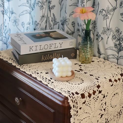 kilofly Handmade Crochet Cotton Rectangular Table Runner, 15 x 43 inch, Beige - color: Beige, size: 15 x 43 Inch