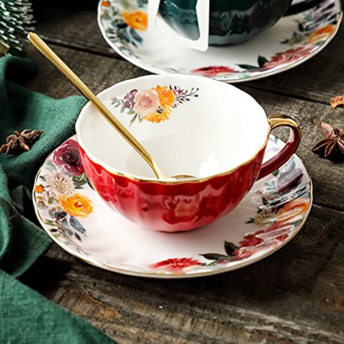 JOYOFUN Red Tea Cup and Saucer,Porcelain Coffee Cup Royal Ceramic Floral Lined Design Teacup with Gold Trim and Spoon,8 oz Vintage China Mug Cup for Latte,Cappuccino,Tea Sets Birthday Gift - color: Red