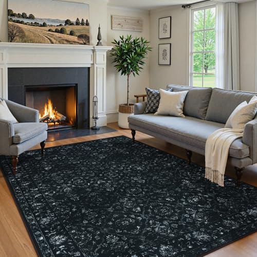 Hedlive Vintage Black Rug for Bedroom, Non Slip Washable Area Rugs 5x7 for Living Room, Ultra-Thin Soft Boho Bedroom Rug for Dining Room Office (5'x7', Black) - color: Black, size: 5' x 7' (Rectangular)