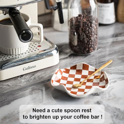 Miamolo Checkered Spoon Rest for Kitchen Counter, Holds Cooking Utensils | 5.3" Spoon Holder for Stove Top | Ceramic Solid Build, Deep Well for Messy Drips | Coffee Bar Essential, Dishwasher Safe - color: Brown-White