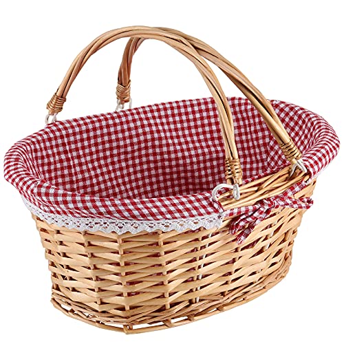 Natural Wicker Woven Gift Easter Basket, Hand Woven Empty Willow Woven Basket with Double Folding Handles and Washable Gingham Liner, Wicker Picnic Basket for Egg Candy Fruit Toy Storage