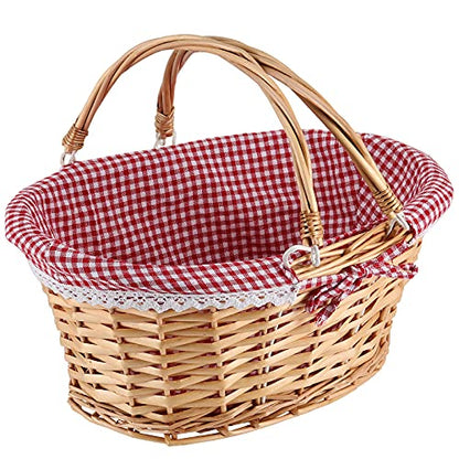 Natural Wicker Woven Gift Easter Basket, Hand Woven Empty Willow Woven Basket with Double Folding Handles and Washable Gingham Liner, Wicker Picnic Basket for Egg Candy Fruit Toy Storage