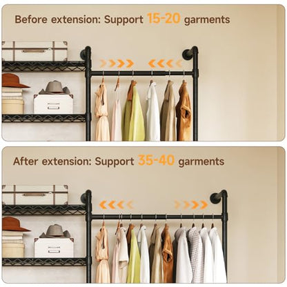 L2 Wall Mounted Closet System, Industrial Pipe Clothing Rack, Black | Metal Clothes Rack with 2 Telescopic Rods & 6 Shelves, Heavy Duty Closet Organizers for Wardrobe, Reach-in & Walk-in Closets - color: Black