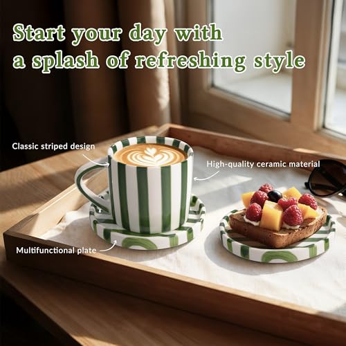 Ceramic Coffee Mug,9oz Hand-Painted Green Espresso Cup & Saucer | Vertical Striped Art Small Cute Aesthetic Cup with Handle,Porcelain Stylish Mug Set Suit for Tea Matcha Latter,Multiple Use