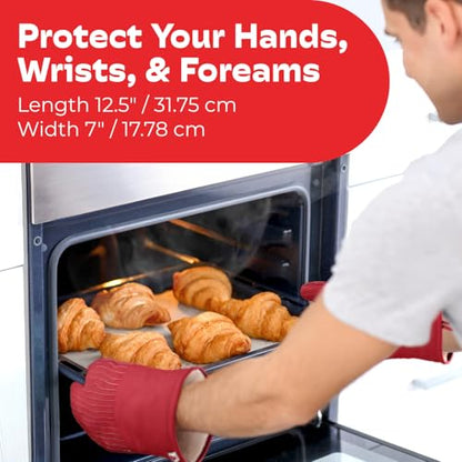 Silicone Oven Mitts - Red Set of 2-12.5" - Heat Resistant to 536 F / 280 C Kitchen Gloves - Professional Grade Protection Hot Cooking Baking - color: Red