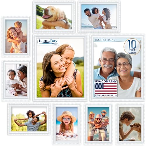 Collage Picture Frames Set, White, 10 Pack, Five 4x6, Three 5x7, Two 8x10 | Icona Bay - Assorted Multi-Size Photo Frames - Contemporary Wall Decor - Scalloped Edge - Durable - Real Glass Cover Sheet - color: white, size: Five 4x6, Three 5x7, Two 8x10