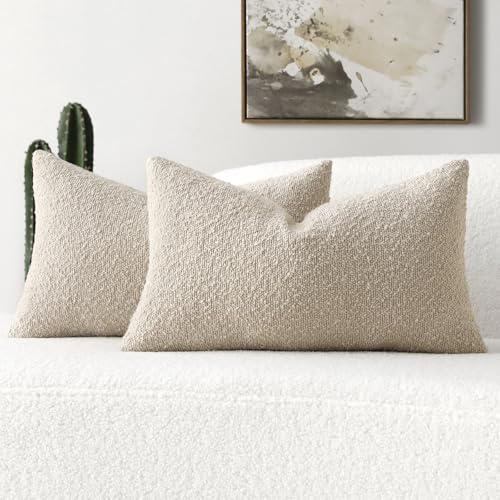 FUTEI Pack of 2 Beige Decorative Throw Pillow Covers 12x20 Inch Soft Cozy Solid Boucle Textured Lumbar Pillow Cases,Modern Home Decor for Couch Bed Living Room - color: Beige, size: 20" x 12" (Pack of 2)