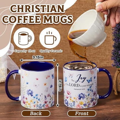 Ziliny 4 Sets Christian Gifts for Women, 11oz Floral Coffee Mugs with Bible Verse Keychains,Mother's Day Christian Tea Cup Set, Inspirational Watercolor Flower Appreciation Gift