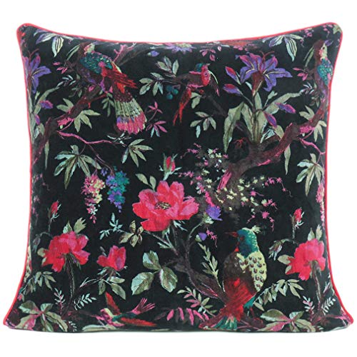 Velvet Floral Flower Bird Throw Pillow Sofa Cushion Cover Case Couch Colorful Boho Chic Bohemian Accent Indian Handmade (Black, 16" x 16") - color: Black, size: 16" x 16" (Pack of 1)
