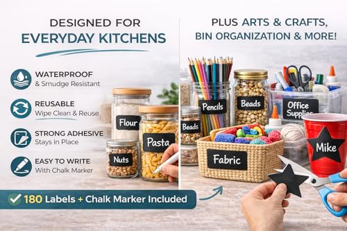 Chalkboard Labels for Jars – 180 Pack, Reusable Waterproof Erasable Stickers with Liquid Chalk Marker, 2” x 3” Wavy Rectangle Labels for Pantry, Mason Jars & Kitchen Organization