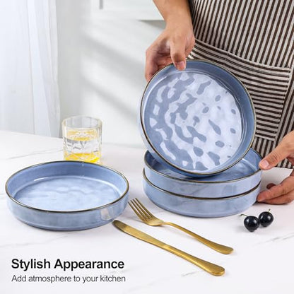E-far Pasta Bowls Set of 4, 30oz Shallow Salad Bowls for Dinner Serving, 8.25" Stoneware Ceramic Bowl Plates for Noodle Soup, Microwave & Dishwasher Safe, Reactive Glaze, Blue - color: Blue