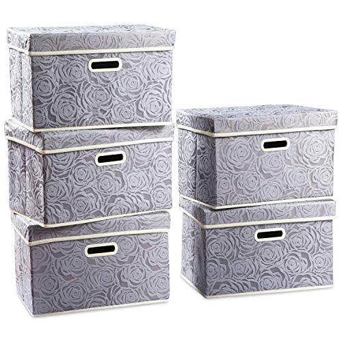 Foldable Storage Bins with Lids [5-Pack] Fabric Decorative Storage Box Cubes Organizer Containers Baskets with Cover Handles Divider for Bedroom Closet Living Room Grey 14.9x9.8x9.8 Inch - color: Gray, size: Medium(5-Pack)