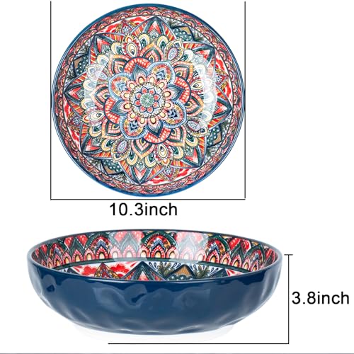 75 Oz Serving Bowls,Bohemian Style Large Porcelain Dishes for Entertaining Parties,Big Bowls for Eating Soup, Salad, Pasta, Fruit, Chips, 10.3 Inch Diameter (blue) - color: Blue