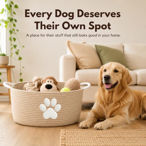 Dog Toy Basket with Handles, Boho Cotton Rope Storage Bin Organizer | Warm boho dog toy organizer, natural woven look. Holds toys, blankets & leashes. Machine washable, collapsible rope bin - color: Khaki / White Paw