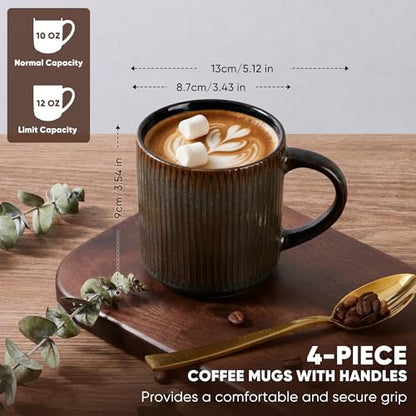 E-far Coffee Mugs Set of 4, 12 oz Stoneware Coffee Cups with Handle for Latte, Tea, Cocoa, Milk, Modern Ribbed Ceramic Mugs for Man Woman, Microwave & Dishwasher Safe, Blackish Green - color: Blackish Green