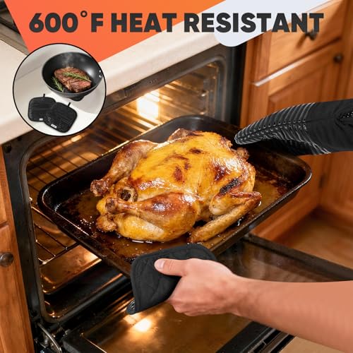 Oven Mitts Kitchen Towels and Dishcloths with Pot Holders Sets, Oven Gloves Hot Pads 500°F Heat Resistant with Silicone Grip, Include 2 Cooking Gloves/2 Potholders/4 Kitchen Towels/4 Dish Towels - color: Black