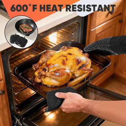 Oven Mitts Kitchen Towels and Dishcloths with Pot Holders Sets, Oven Gloves Hot Pads 500°F Heat Resistant with Silicone Grip, Include 2 Cooking Gloves/2 Potholders/4 Kitchen Towels/4 Dish Towels - color: Black