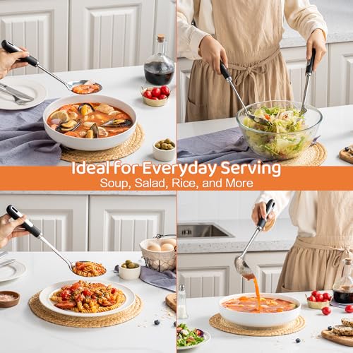Stainless Steel Serving Spoon Set with Heat-Resistant Handles,3-Piece | Includes a serving spoon, slotted spoon, and deep soup ladle with ergonomic heat-resistant handles for cooking and serving.