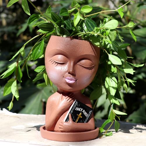 Face Planters Pots Head for Indoor Outdoor Plant Unique Head Planter Holding Book Confessional Girl Face Flower Pot with Drainage for Succulent Cactus String of Pearls Plant Gift (Brown) - color: Brown
